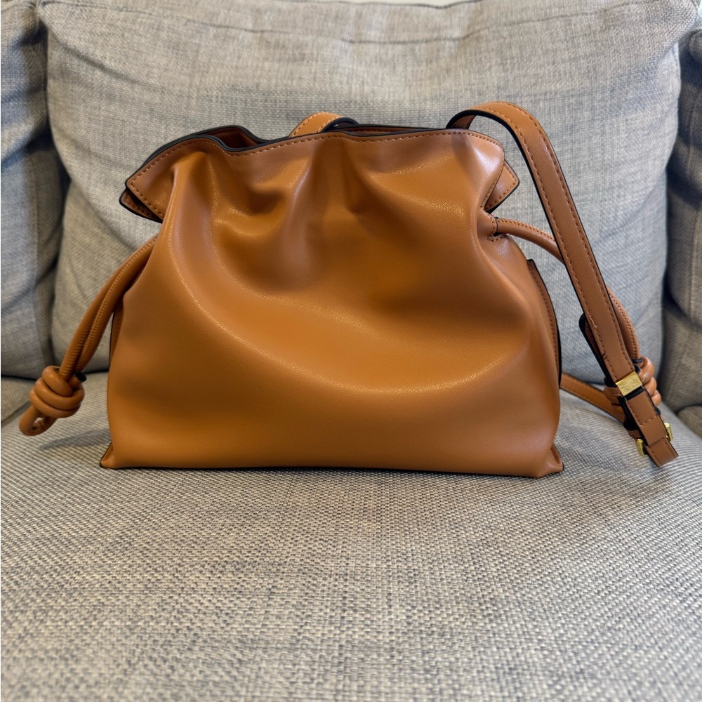Camel crossbody purse, medium size with adjustable strap and side drawstrings